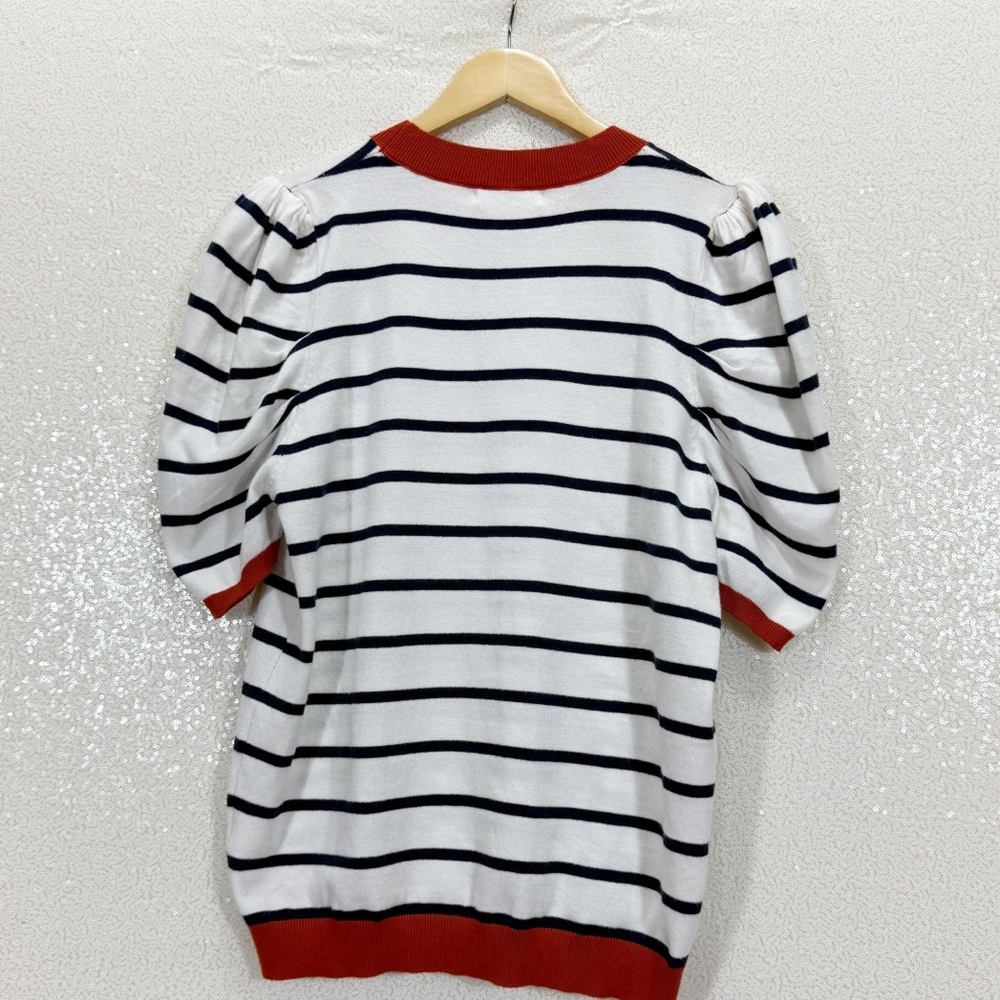 TARSE Striped Puff Sleeve Knit Top Size L Navy White Rusty Red Ribbed Trim - Picture 5 of 10